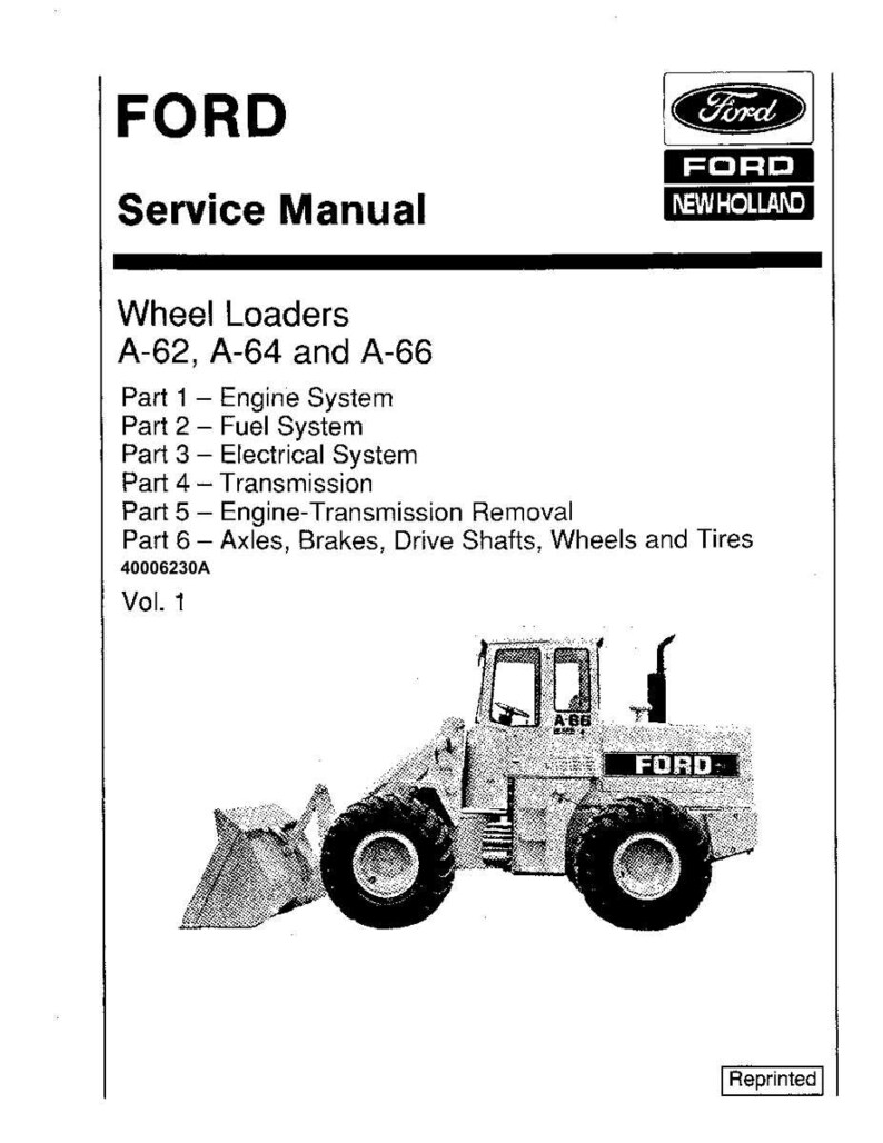 Op de afbeelding: Een Ford Service Manual voor wielladers A-62, A-64 en A-66. De cover toont een beige wiellader met zwarte banden en een voorste bak. De Ford en New Holland logo's zijn zichtbaar.