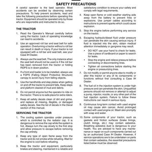 May include: A printed page from a tractor manual with safety precautions. The text includes warnings about operating the tractor, servicing it, and potential hazards. The document is titled "SAFETY PRECAUTIONS".