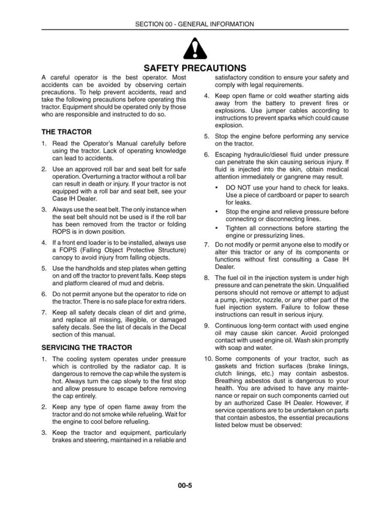 May include: A printed page from a tractor manual with safety precautions. The text includes warnings about operating the tractor, servicing it, and potential hazards. The document is titled "SAFETY PRECAUTIONS".