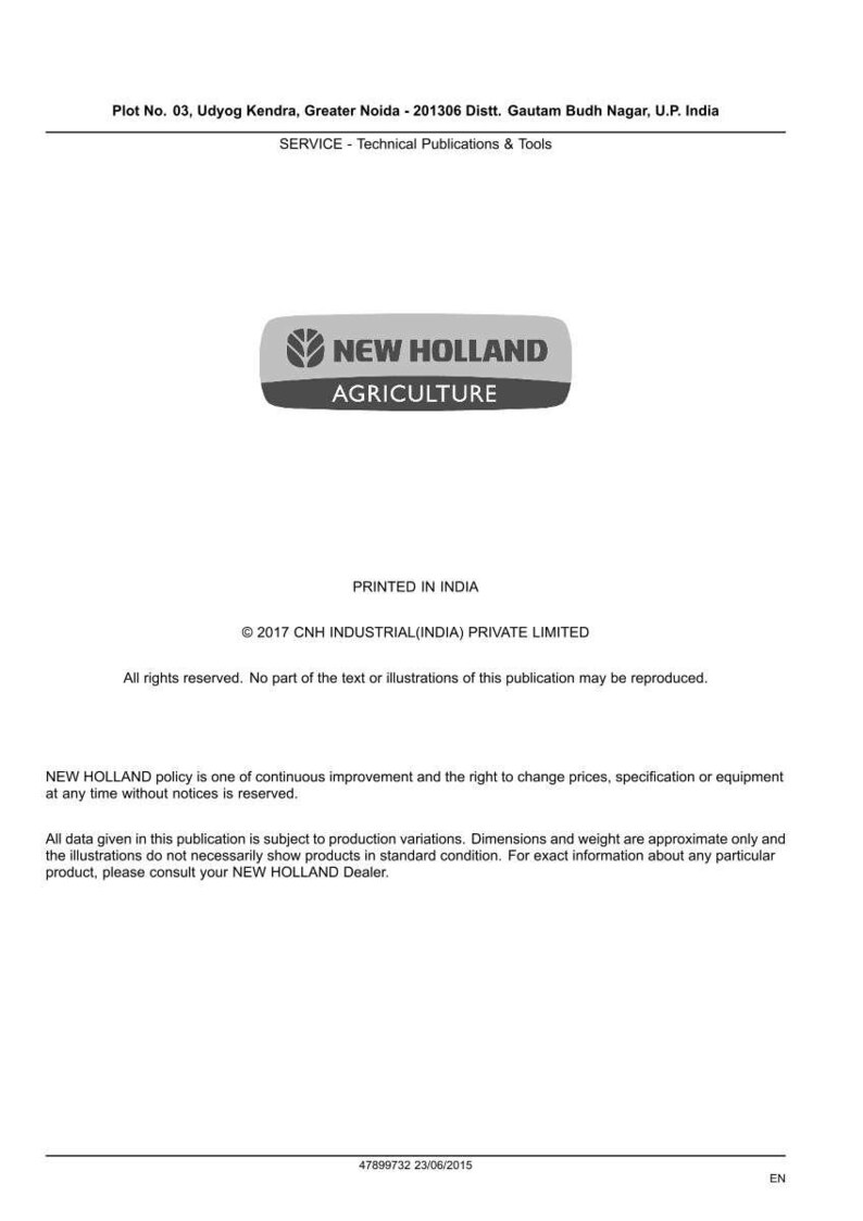 May include: A white document featuring the "NEW HOLLAND AGRICULTURE" logo in grey and white. The document contains text regarding technical publications, copyright details, and a disclaimer about product variations.