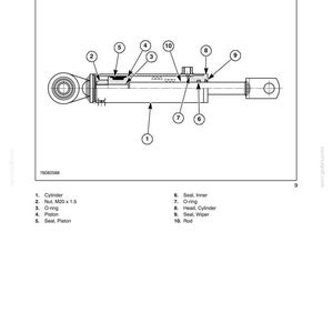 Puede incluir: Un diagrama t&eacute;cnico titulado SECTION 35 - HYDRAULIC SYSTEM - CHAPTER 1, que muestra los componentes de un cilindro trasero. La ilustraci&oacute;n presenta una secci&oacute;n transversal numerada de un cilindro hidr&aacute;ulico con piezas del 1 al 10, incluyendo cilindro, pist&oacute;n, v&aacute;stago, sellos y una tuerca M20 x 1.5.