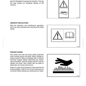 May include: Page from a manual with safety instructions for machine maintenance. Includes warning symbols, such as an exclamation point in a triangle, a book, and a hand over hot surfaces. Text includes "Maintenance in Progress."