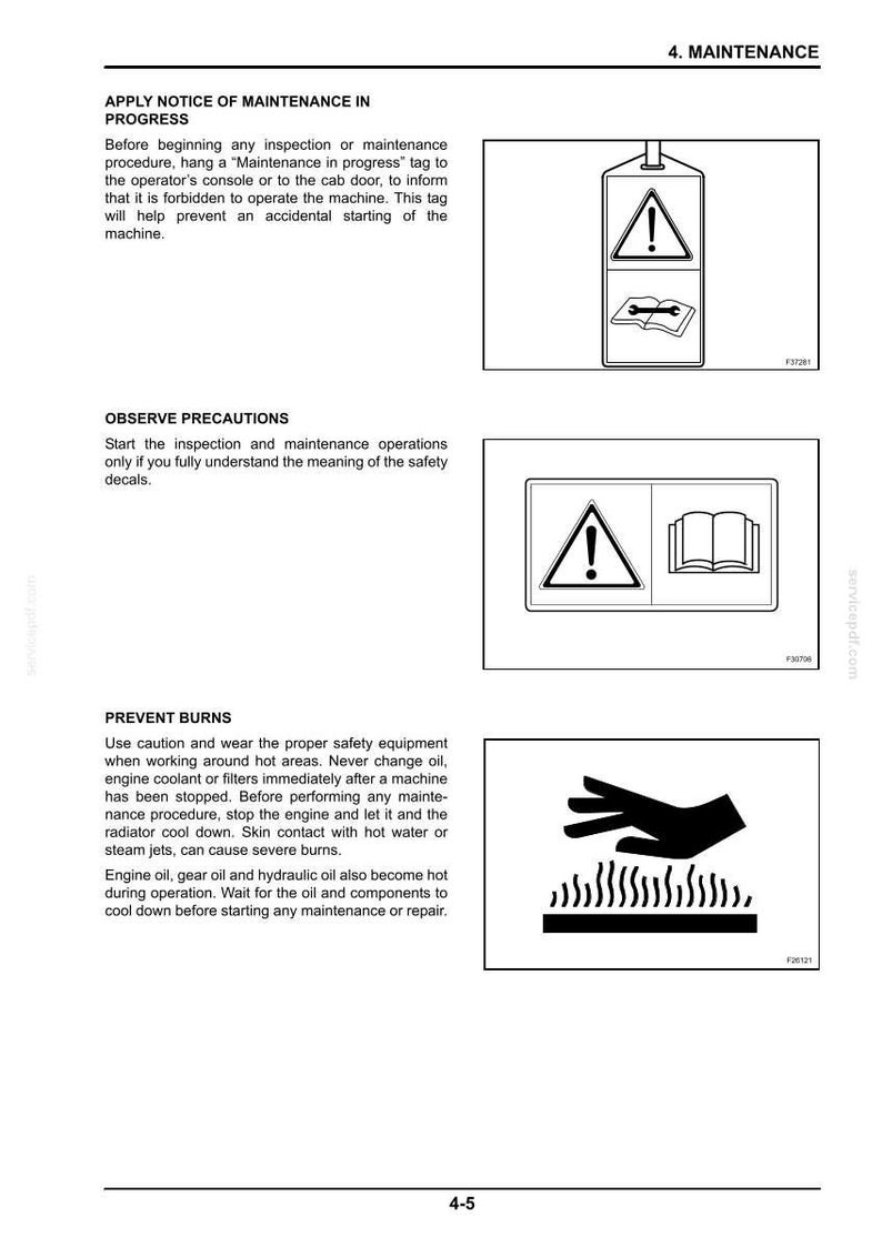 May include: Page from a manual with safety instructions for machine maintenance. Includes warning symbols, such as an exclamation point in a triangle, a book, and a hand over hot surfaces. Text includes "Maintenance in Progress."