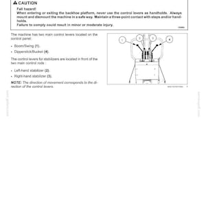 May include: A technical manual page titled 3-CONTROLS AND INSTRUMENTS featuring a diagram of backhoe control levers. The text includes a caution regarding fall hazards and instructions for operating the boom, swing, dipperstick, bucket, and stabilizers.