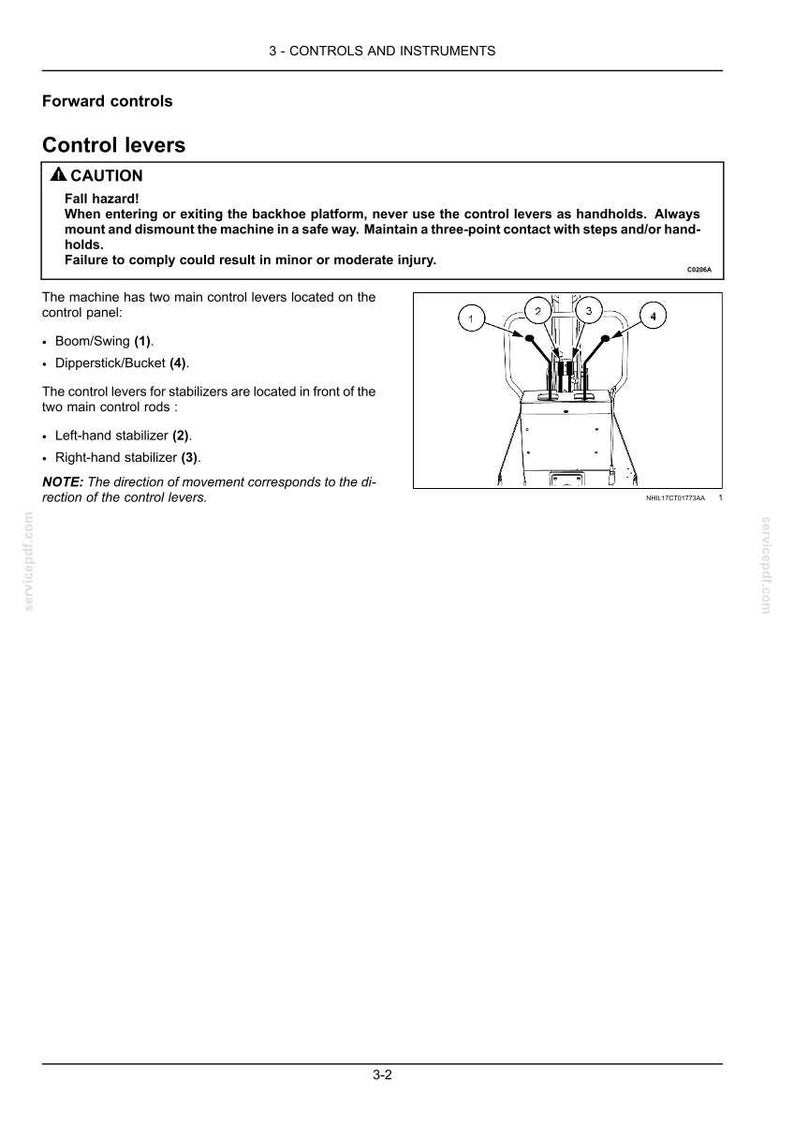 May include: A technical manual page titled 3-CONTROLS AND INSTRUMENTS featuring a diagram of backhoe control levers. The text includes a caution regarding fall hazards and instructions for operating the boom, swing, dipperstick, bucket, and stabilizers.