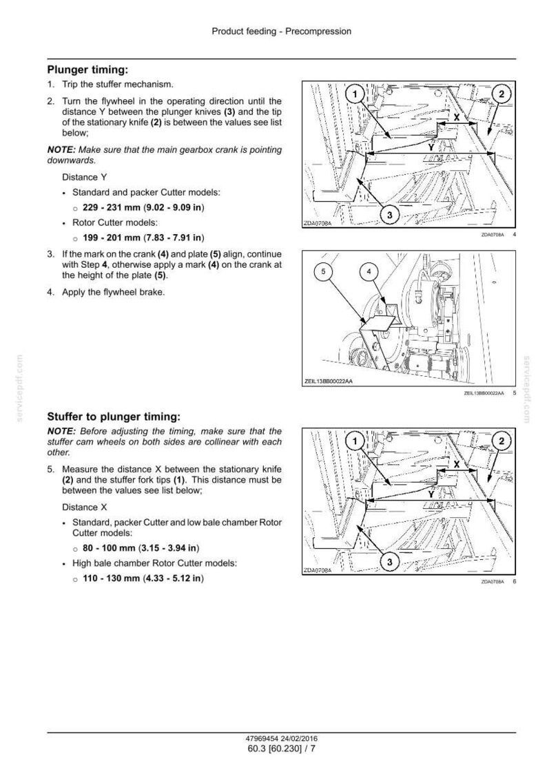 May include: Technical diagram illustrating machine components with measurements in mm and inches. Instructions detail plunger and stuffer timing, with labeled parts and arrows. The text provides specific measurement ranges.