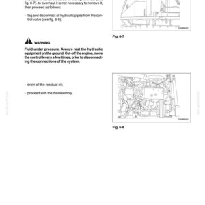 May include: A technical manual page titled D350 Power Steering Dozing Equipment Hydraulic System 6-13. It includes instructions for hydraulic control valve overhaul, a warning about pressurized fluid, and two line drawings labeled Fig. 6-7 and Fig. 6-8.