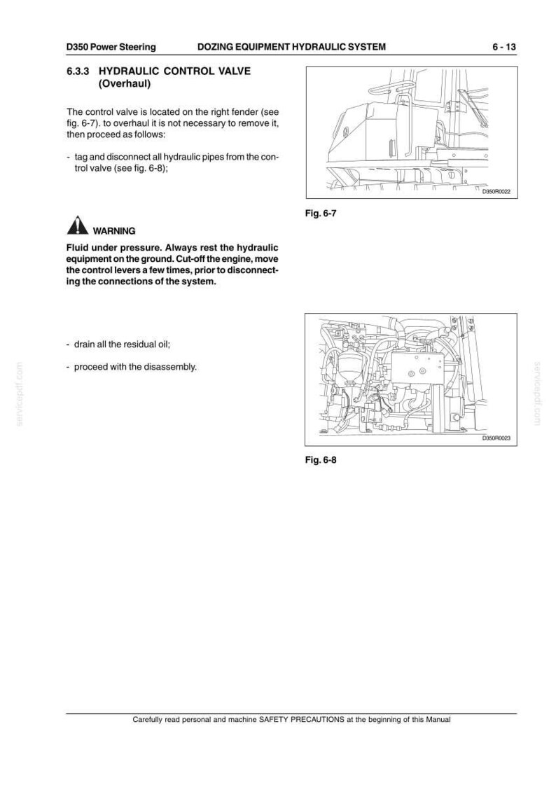 May include: A technical manual page titled D350 Power Steering Dozing Equipment Hydraulic System 6-13. It includes instructions for hydraulic control valve overhaul, a warning about pressurized fluid, and two line drawings labeled Fig. 6-7 and Fig. 6-8.