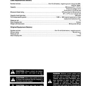 May include: A technical document with specifications for case replacement and original equipment batteries. Includes details on voltage, amperage, and charging rates. Safety warnings are also included, with cautions about sparks and sulfuric acid.