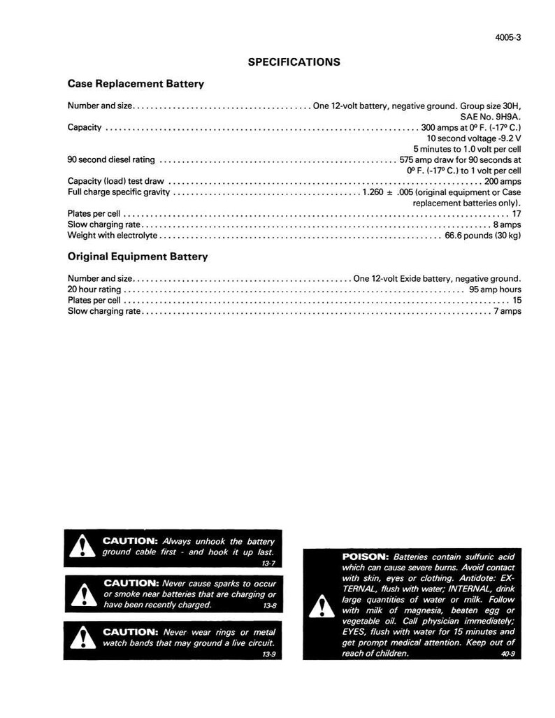 May include: A technical document with specifications for case replacement and original equipment batteries. Includes details on voltage, amperage, and charging rates. Safety warnings are also included, with cautions about sparks and sulfuric acid.