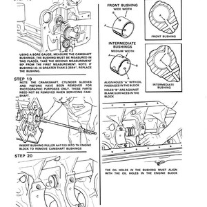 May include: Black and white diagram illustrating the intermediate and front camshaft bushing replacement process. The image includes detailed diagrams of bushings, tools, and instructions for engine repair. Text includes measurements and alignment instructions.