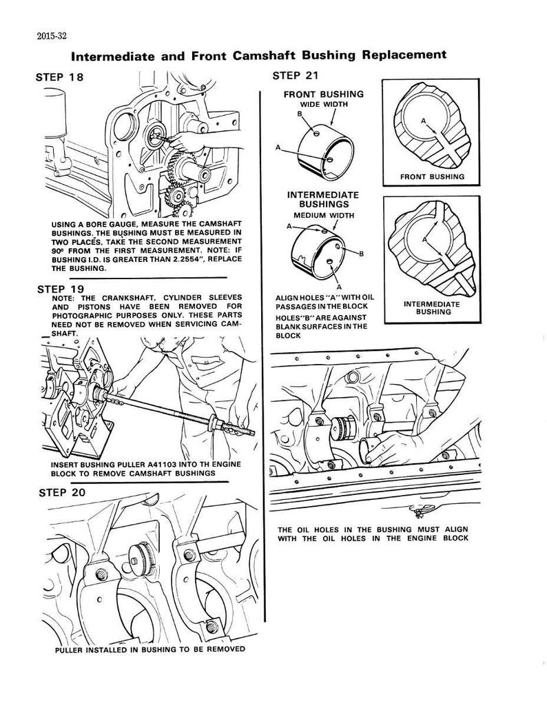 May include: Black and white diagram illustrating the intermediate and front camshaft bushing replacement process. The image includes detailed diagrams of bushings, tools, and instructions for engine repair. Text includes measurements and alignment instructions.