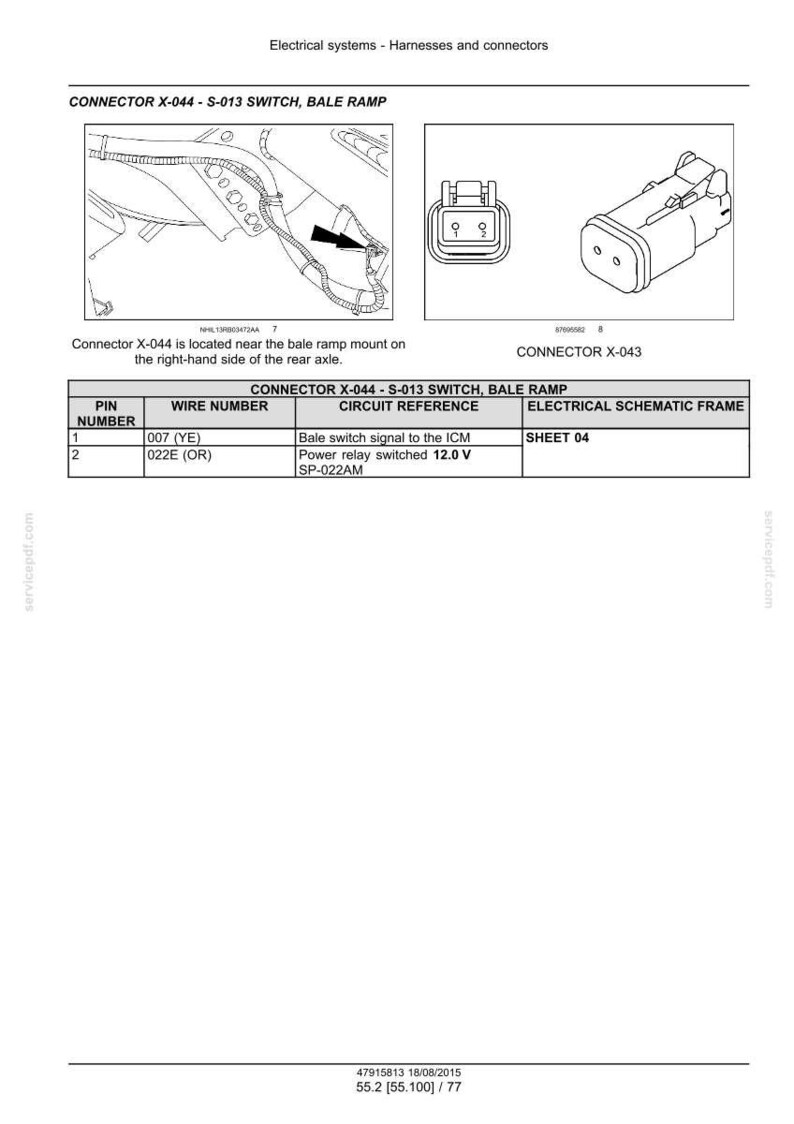 May include: Diagram of electrical connectors and wiring for a vehicle's bale ramp system. Includes detailed illustrations of connectors X-044 and X-043, with a table referencing pin numbers, wire numbers, and circuit details.