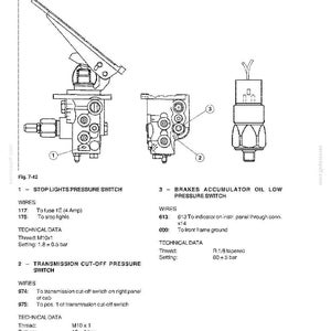 May include: Diagram of electrical system components, including pressure switches and sensors. The image shows detailed illustrations of stop lights, transmission cut-off, and brakes accumulator oil low pressure switches, with technical data.