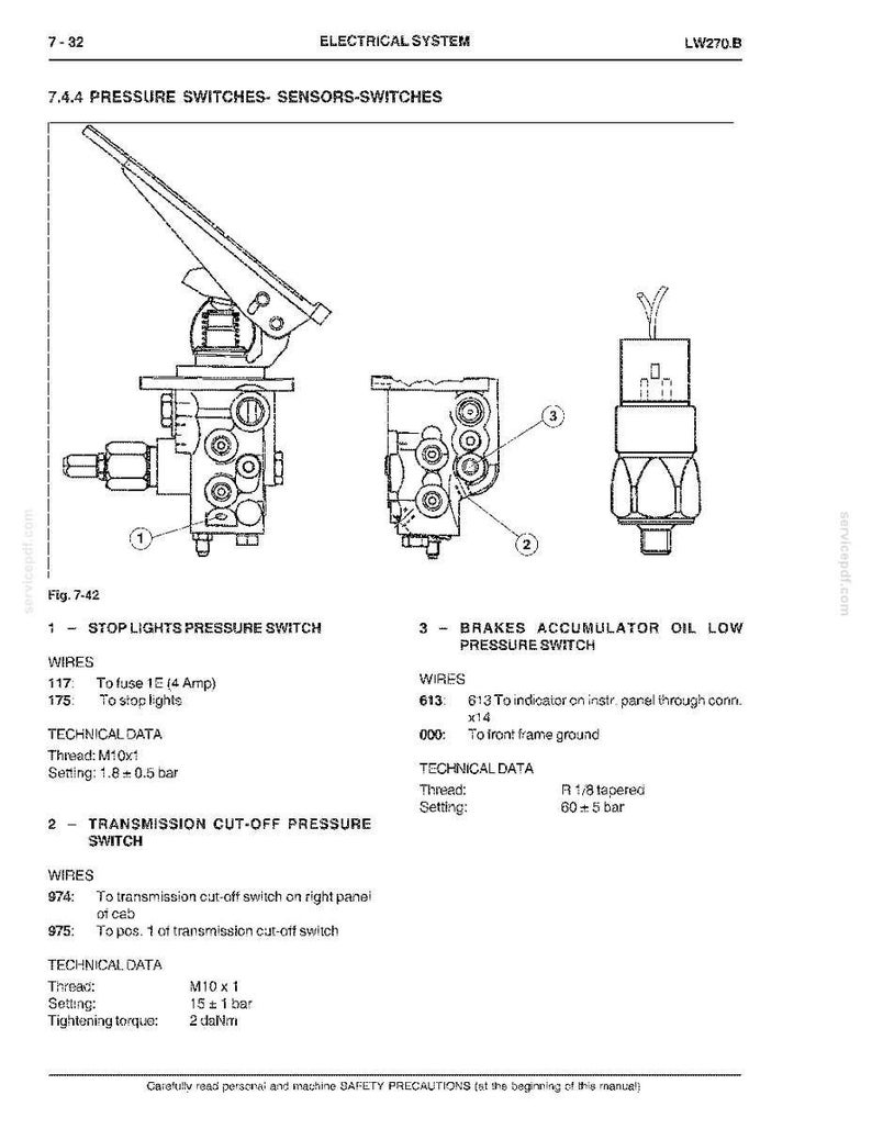 May include: Diagram of electrical system components, including pressure switches and sensors. The image shows detailed illustrations of stop lights, transmission cut-off, and brakes accumulator oil low pressure switches, with technical data.