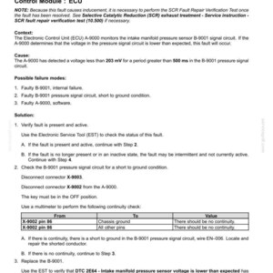 May include: A technical document detailing fault codes for electrical systems. The text explains the issue of low intake manifold pressure sensor voltage, including causes, possible failures, and solutions. Includes instructions for troubleshooting and repair.