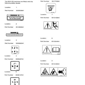 Pu&ograve; includere: Una pagina di decalcomanie di sicurezza per macchinari, con vari simboli di avvertimento e testo. Le decalcomanie includono simboli di potenziali pericoli e istruzioni, come "NON AZIONARE QUESTA MACCHINA CON LA PORTA APERTA."