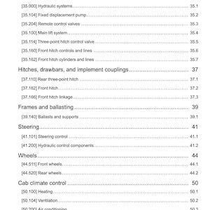 May include: A detailed table of contents from a manual, featuring sections on hydraulic systems, hitches, steering, wheels, and cab climate control. The document includes page numbers and sub-sections.