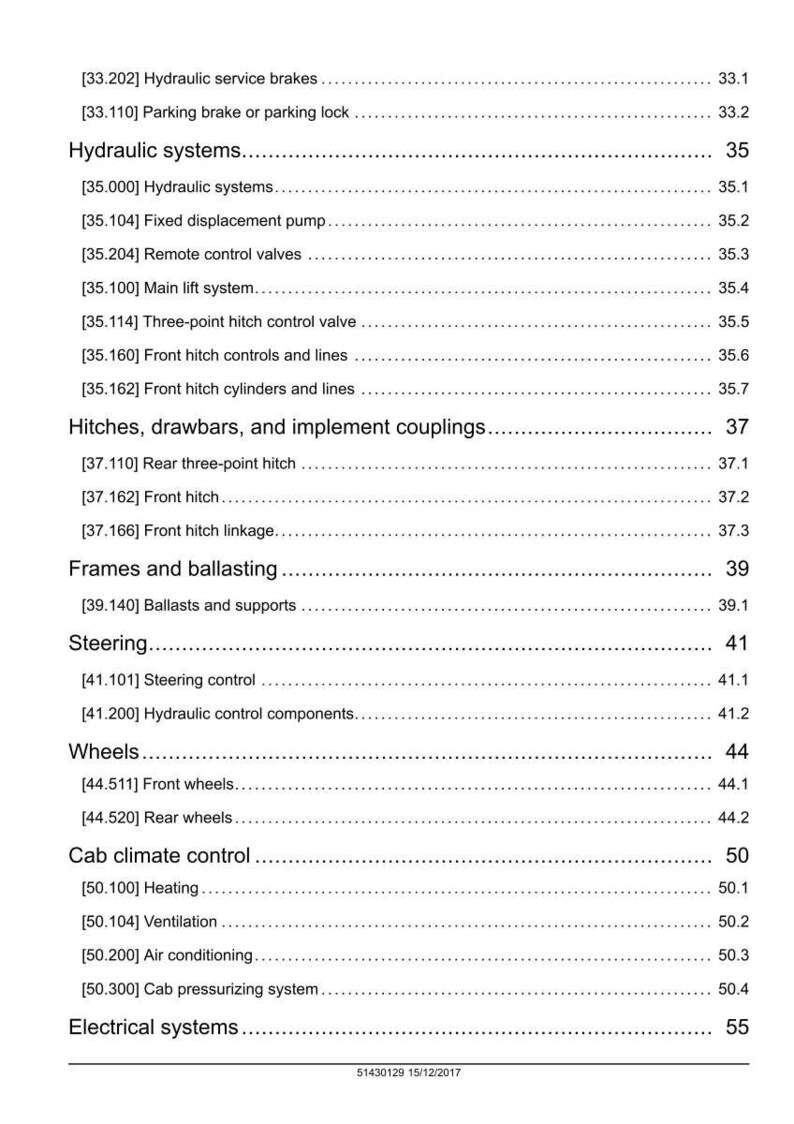 May include: A detailed table of contents from a manual, featuring sections on hydraulic systems, hitches, steering, wheels, and cab climate control. The document includes page numbers and sub-sections.