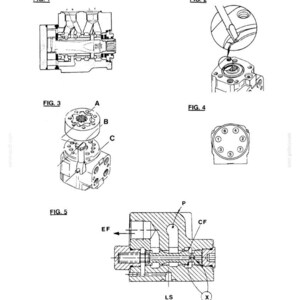 May include: Technical diagrams of hydraulic systems components, including cross-sectional views and detailed illustrations. The image includes figures labeled 1 through 5, with annotations and labels for various parts and sections.