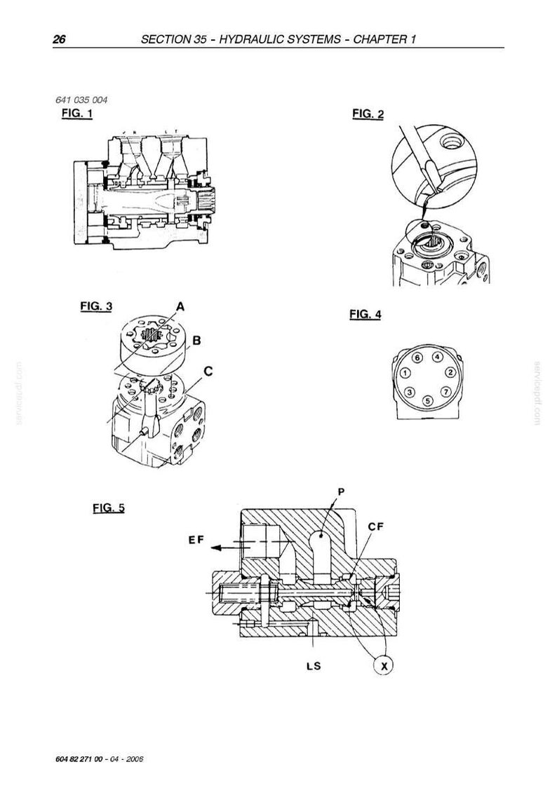 May include: Technical diagrams of hydraulic systems components, including cross-sectional views and detailed illustrations. The image includes figures labeled 1 through 5, with annotations and labels for various parts and sections.