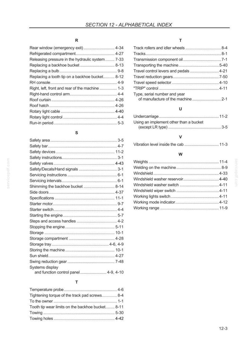 Pu&ograve; includere: Una pagina di un manuale intitolata "Sezione 12 - Indice alfabetico". Il testo &egrave; nero su sfondo bianco, che elenca vari componenti e i relativi numeri di pagina, come "Starter motor" e "Windshield wiper switch".