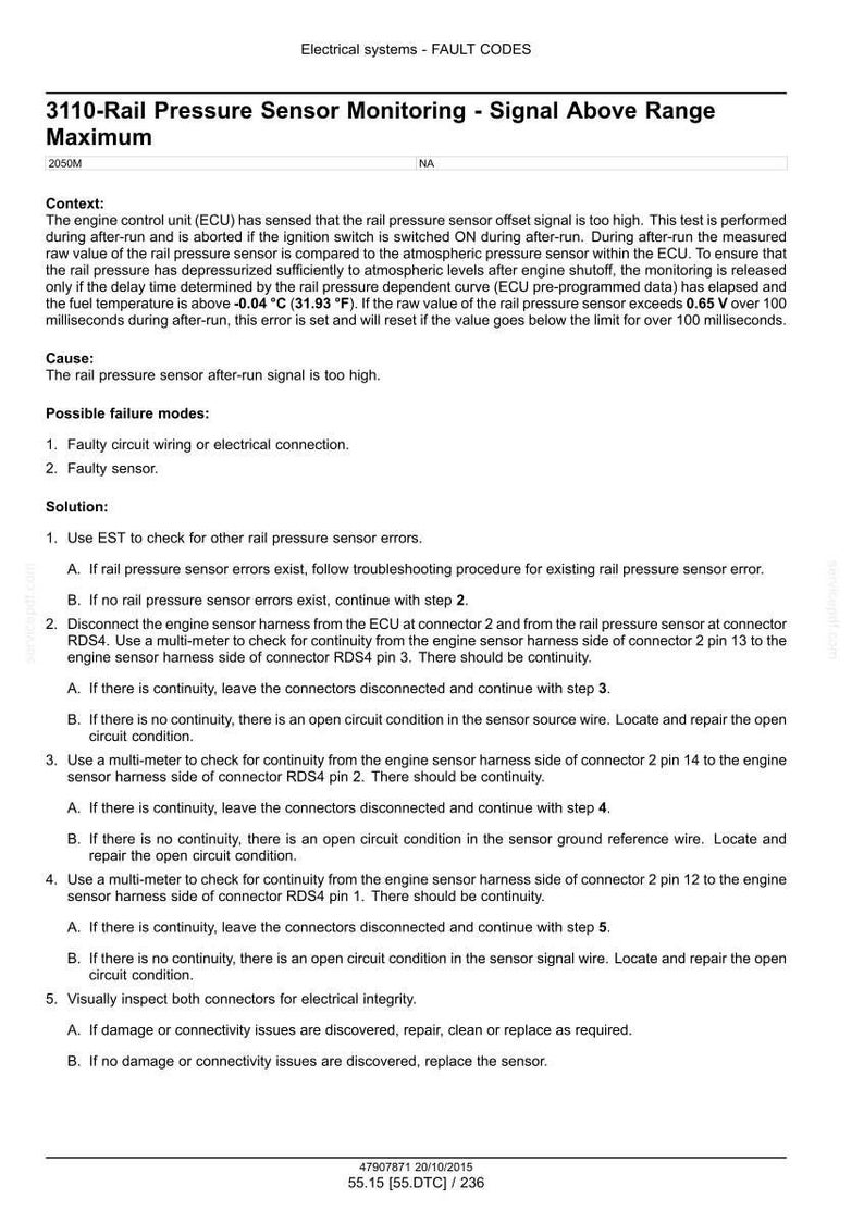 May include: A document detailing fault codes for electrical systems, specifically focusing on the 3110-Rail Pressure Sensor Monitoring. It includes context, causes, possible failures, and troubleshooting steps for automotive diagnostics.