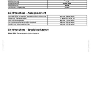 May include: A technical document titled Lichtmaschine - Allgemeine Spezifikation detailing specifications for an Iskra AAK4860 alternator, including 14 V voltage, 12000 RPM, 120 A output, 2.75 Ohm resistance, and various torque settings in N-m and lb in.
