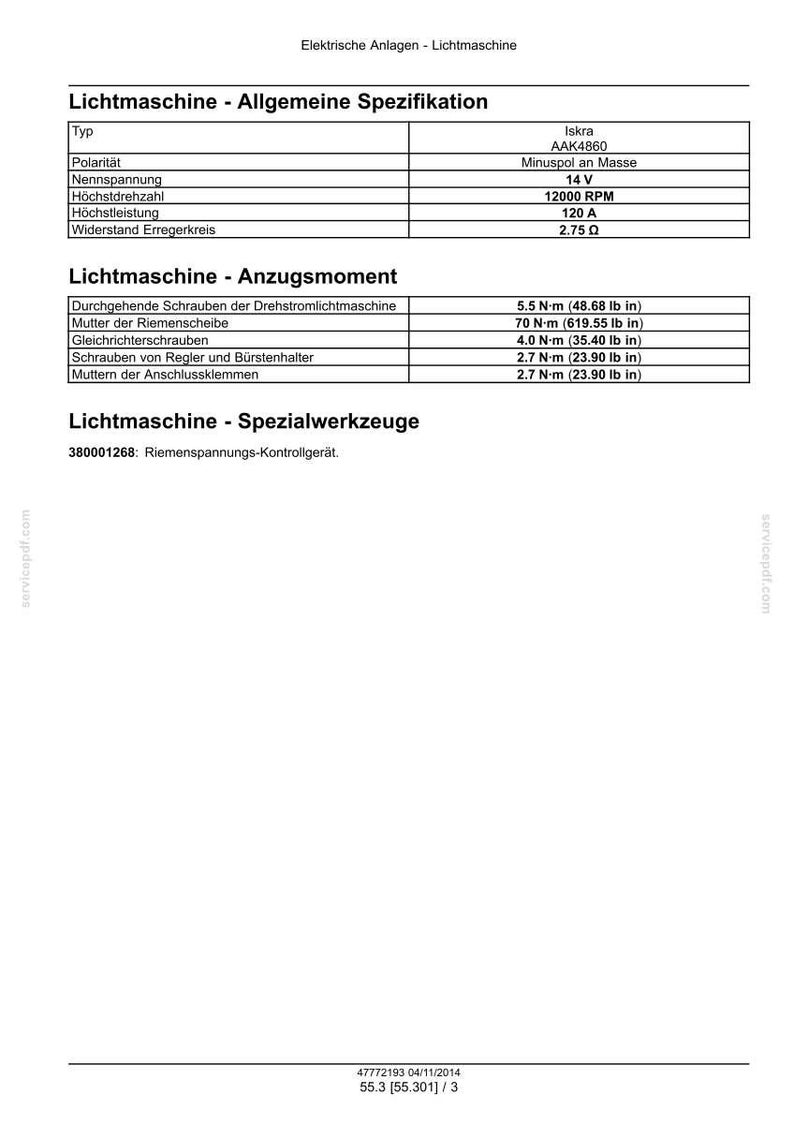 May include: A technical document titled Lichtmaschine - Allgemeine Spezifikation detailing specifications for an Iskra AAK4860 alternator, including 14 V voltage, 12000 RPM, 120 A output, 2.75 Ohm resistance, and various torque settings in N-m and lb in.