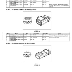 May include: Diagram of electrical system harnesses and connectors, including X-789A to engine harnesses (female and male). The diagram includes pin numbers, wire descriptions, and color sizes for various components.