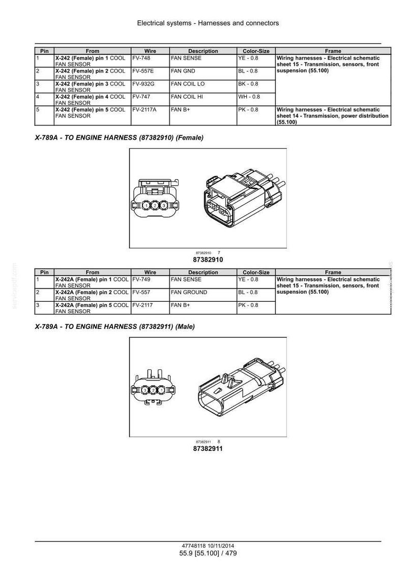 May include: Diagram of electrical system harnesses and connectors, including X-789A to engine harnesses (female and male). The diagram includes pin numbers, wire descriptions, and color sizes for various components.