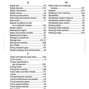 May include: An alphabetical index from a manual, listing terms and page numbers. Terms include "Safety bar", "Windshield", "Travel speed indicator", and "Working lights". Page numbers are on the right side of the page.