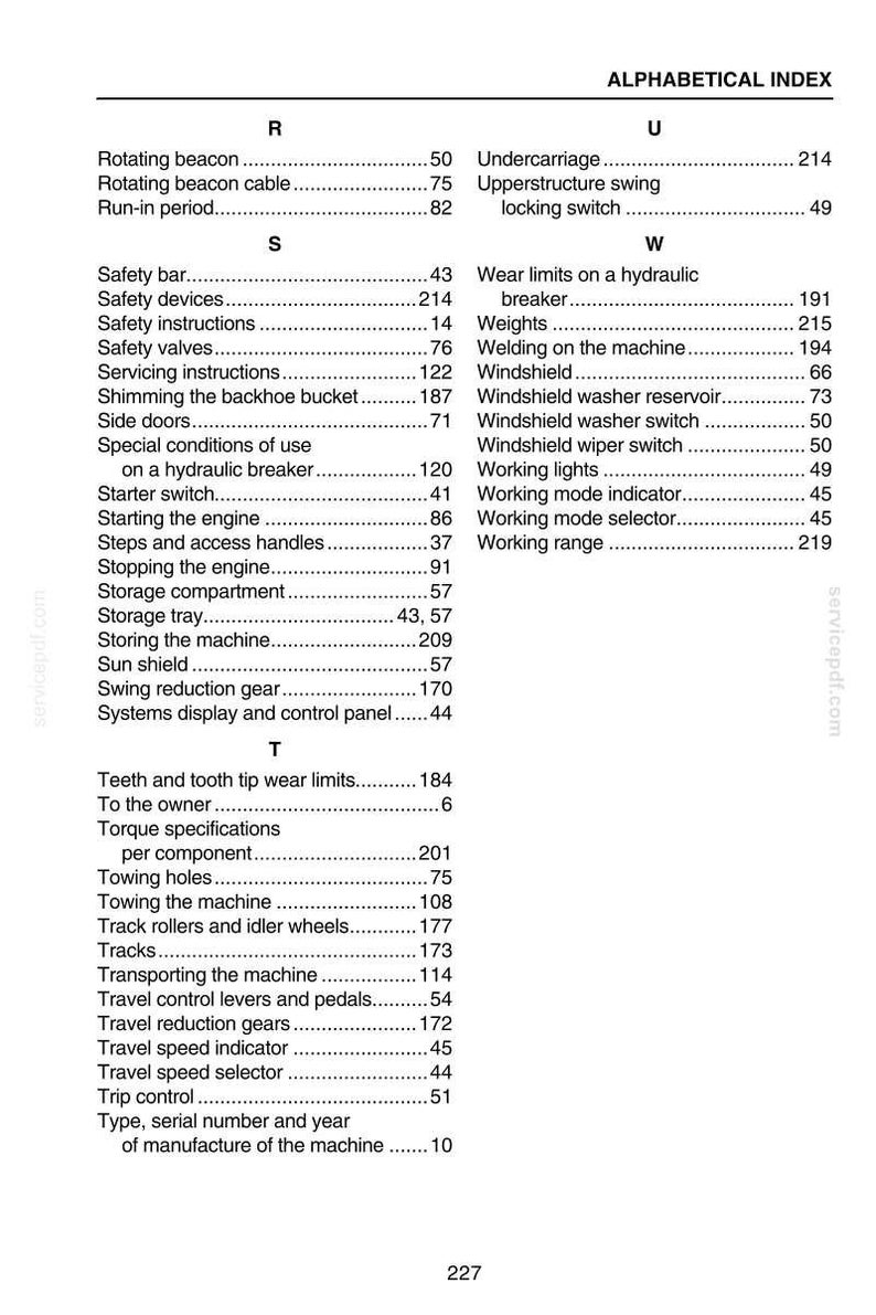 May include: An alphabetical index from a manual, listing terms and page numbers. Terms include "Safety bar", "Windshield", "Travel speed indicator", and "Working lights". Page numbers are on the right side of the page.