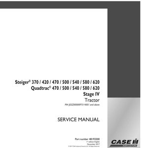 May include: A white service manual for Steiger and Quadtrac tractors, Stage IV models. The manual includes model numbers 370-620 and is published by Case IH Agriculture. The cover features the text "SERVICE MANUAL".