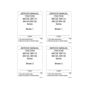 Pu&ograve; includere: Quattro copertine bianche rettangolari di manuali di servizio. Ogni copertina ha il testo "SERVICE MANUAL TRACTORS MX100, MX110 MX120 MX135 Series" e "Binder 1" o "Binder 2". Istruzioni in basso.