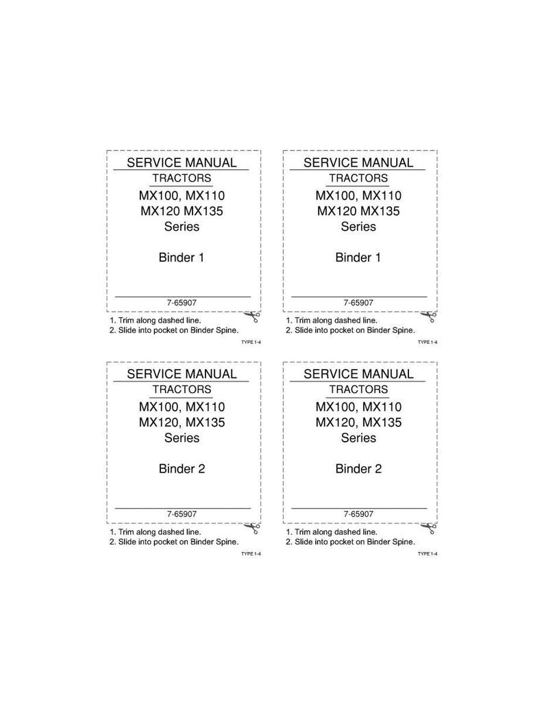 Pu&ograve; includere: Quattro copertine bianche rettangolari di manuali di servizio. Ogni copertina ha il testo "SERVICE MANUAL TRACTORS MX100, MX110 MX120 MX135 Series" e "Binder 1" o "Binder 2". Istruzioni in basso.