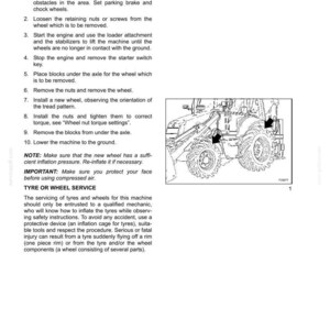 Op de afbeelding: Een technische documentpagina getiteld SECTION 9 - MAINTENANCE/ADJUSTMENTS, met instructies voor het vervangen van een wiel op zware machines. Het bevat een zwart-witte lijntekening van een tractor met pijlen die naar de wielen wijzen.