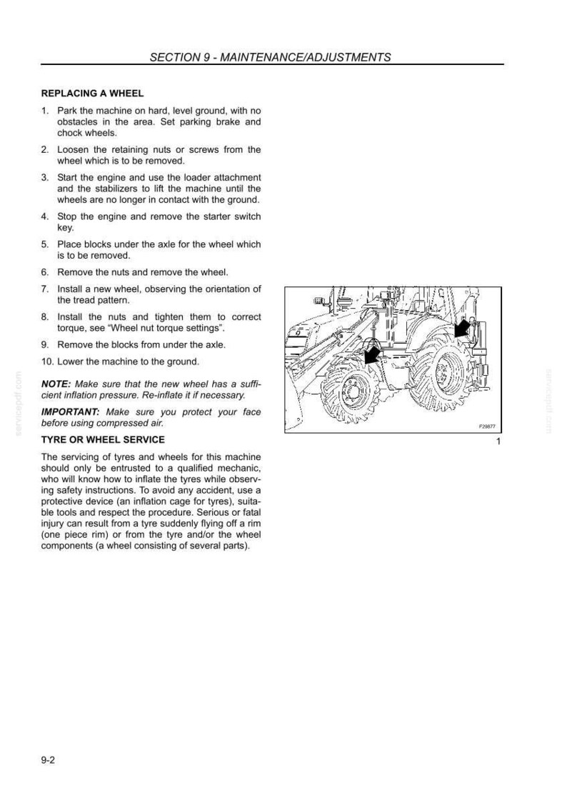 Op de afbeelding: Een technische documentpagina getiteld SECTION 9 - MAINTENANCE/ADJUSTMENTS, met instructies voor het vervangen van een wiel op zware machines. Het bevat een zwart-witte lijntekening van een tractor met pijlen die naar de wielen wijzen.
