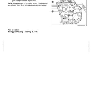 May include: Diagram of an engine component labeled "Timing gear housing - Remove." The diagram shows the gear housing with callouts for screws and the engine block. Text instructions are included.