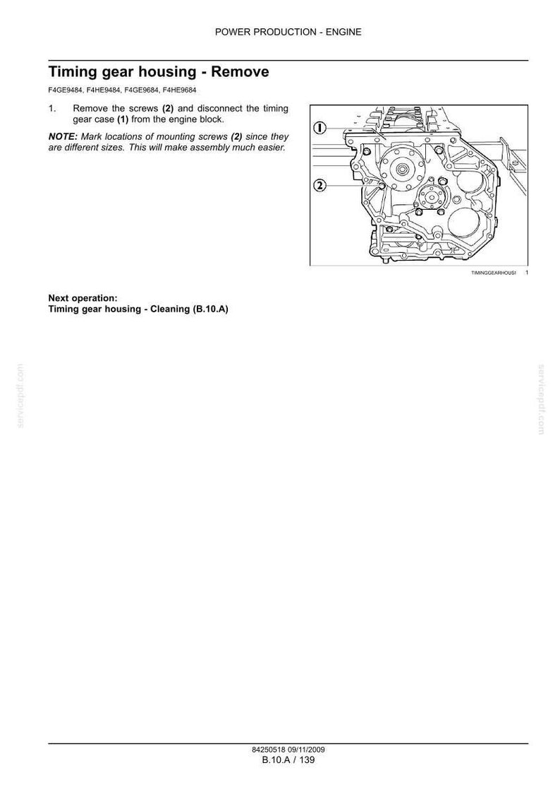 May include: Diagram of an engine component labeled "Timing gear housing - Remove." The diagram shows the gear housing with callouts for screws and the engine block. Text instructions are included.