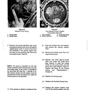 May include: A page from a manual detailing fuel systems, with diagrams and instructions for injection pump timing. Figures 8 and 9 illustrate the process, including timing marks and needle valve alignment. Text provides step-by-step instructions for maintenance.
