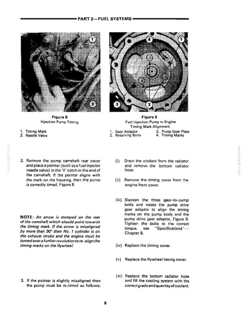 May include: A page from a manual detailing fuel systems, with diagrams and instructions for injection pump timing. Figures 8 and 9 illustrate the process, including timing marks and needle valve alignment. Text provides step-by-step instructions for maintenance.