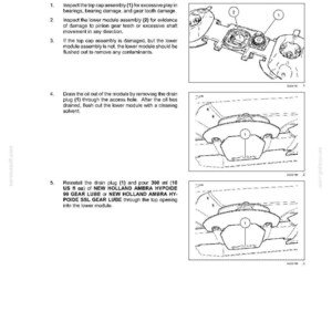 May include: Diagram of a rotary disc cutting assembly with numbered components and instructions for inspection and maintenance. Includes text detailing steps for checking bearings, gear teeth, and oil drainage, with measurements in US fluid ounces.