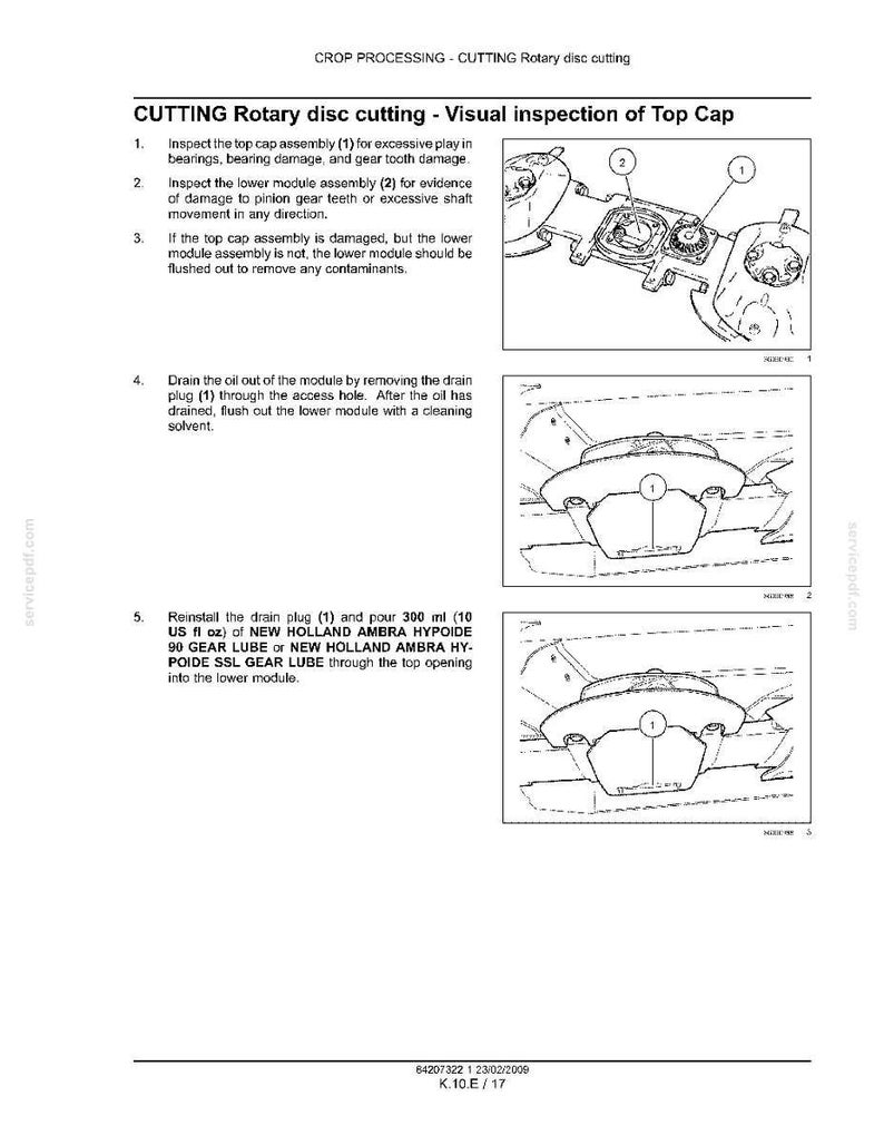 May include: Diagram of a rotary disc cutting assembly with numbered components and instructions for inspection and maintenance. Includes text detailing steps for checking bearings, gear teeth, and oil drainage, with measurements in US fluid ounces.