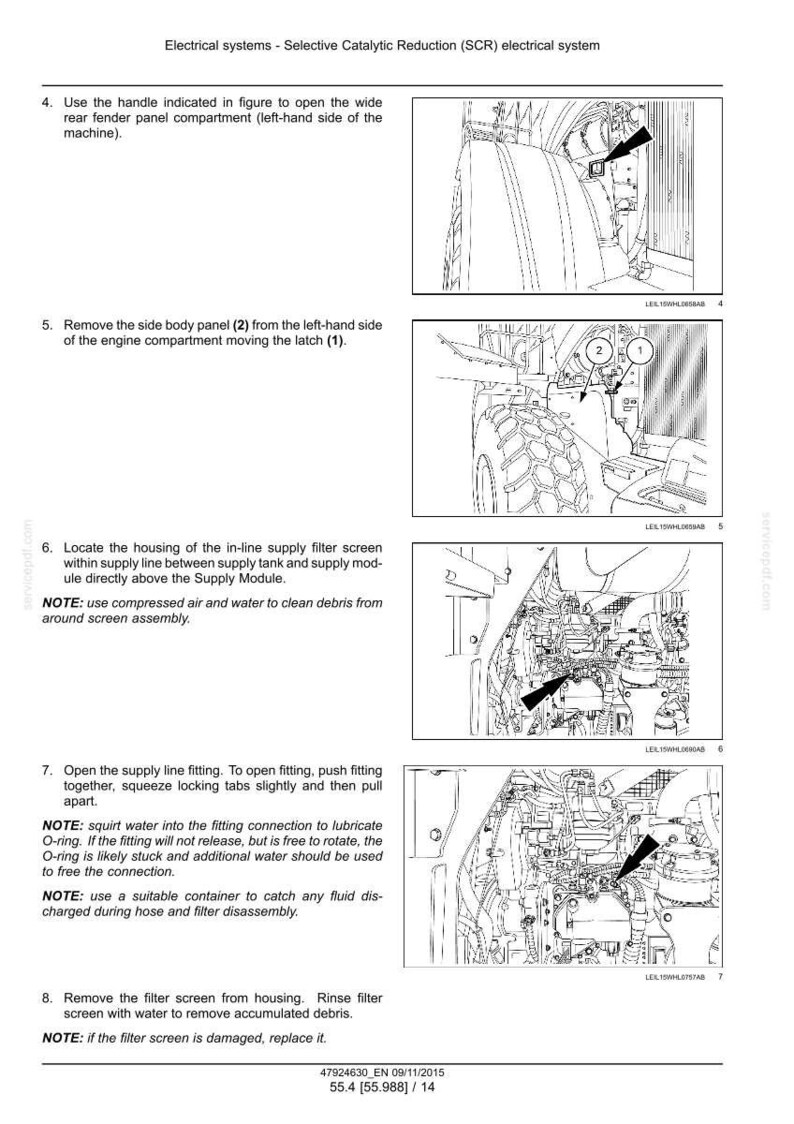 May include: Diagram illustrating steps for maintaining an electrical system. The images show various components with arrows and labels. Text instructions are included, with the title "Electrical systems - Selective Catalytic Reduction (SCR) electrical system."