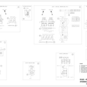 May include: A detailed engineering schematic of an E33C - E37C excavator's hydraulic system, rendered in black and white. The diagram includes various components, such as valves, cylinders, and sensors, with labels and annotations. The schematic is on a white background.