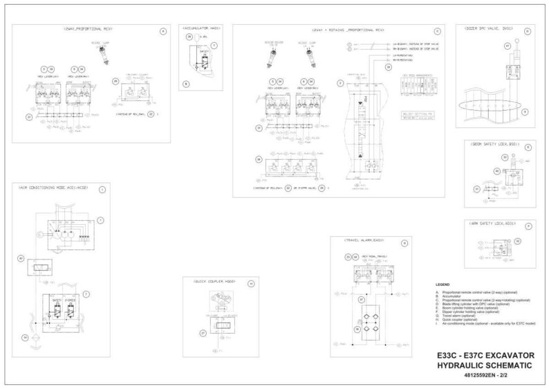 May include: A detailed engineering schematic of an E33C - E37C excavator's hydraulic system, rendered in black and white. The diagram includes various components, such as valves, cylinders, and sensors, with labels and annotations. The schematic is on a white background.