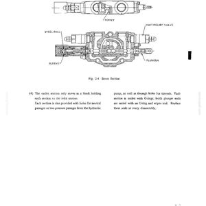 May include: A technical black and white line drawing labeled Fig. 2-4 Boom Section, illustrating the internal components of a hydraulic valve assembly, including a poppet, steel ball, sleeve, plunger, and port relief valve with descriptive text.
