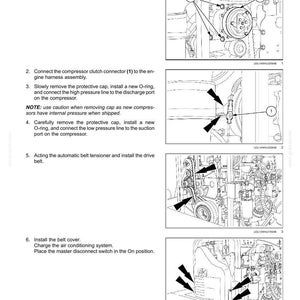 May include: Diagram showing air conditioning compressor installation steps. Includes labelled diagrams with arrows pointing to parts and instructions. Text includes "Install Compressor" and "Air conditioning".