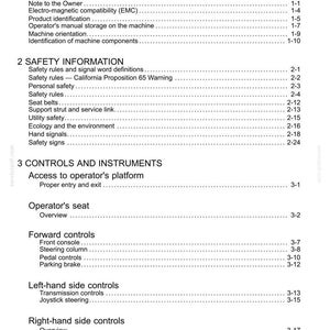 May include: A white document titled "Contents" with a detailed table of contents for a machine's manual. Sections include general and safety information, controls, and instruments.